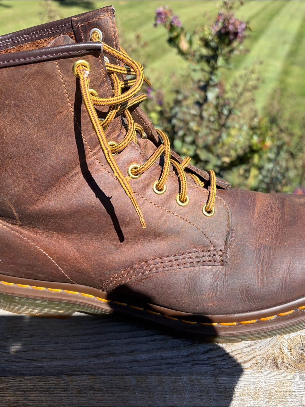Dr. Martens Brown Leather Lace-Up Ankle Boots with Yellow Stitching